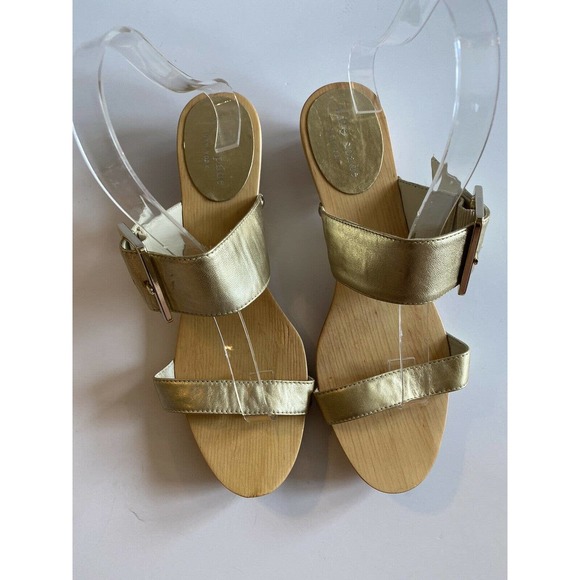 Womens Sandals KATE SPADE Gold Leather Wood Soles Size 8 Slip on Shoes - Picture 3 of 10
